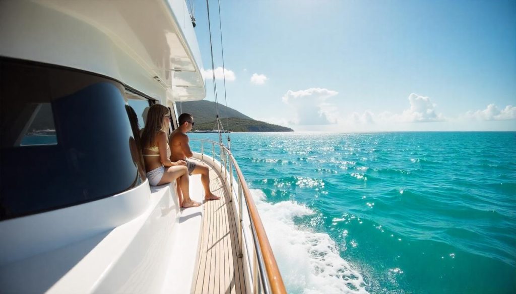 Yacht near Tortola during right time yachting regions, with a family on deck and turquoise waters in the background.